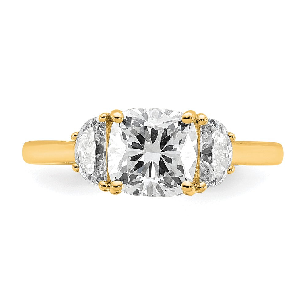 14K Yellow Gold 1/2 carat Lab Grown Diamond VS/SI+ G+ Half Moon and 1 1/2 carat Cushion Center Semi Mount Three Stone Engagement Ring