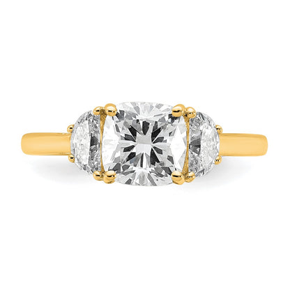 14K Yellow Gold 1/2 carat Lab Grown Diamond VS/SI+ G+ Half Moon and 1 1/2 carat Cushion Center Semi Mount Three Stone Engagement Ring