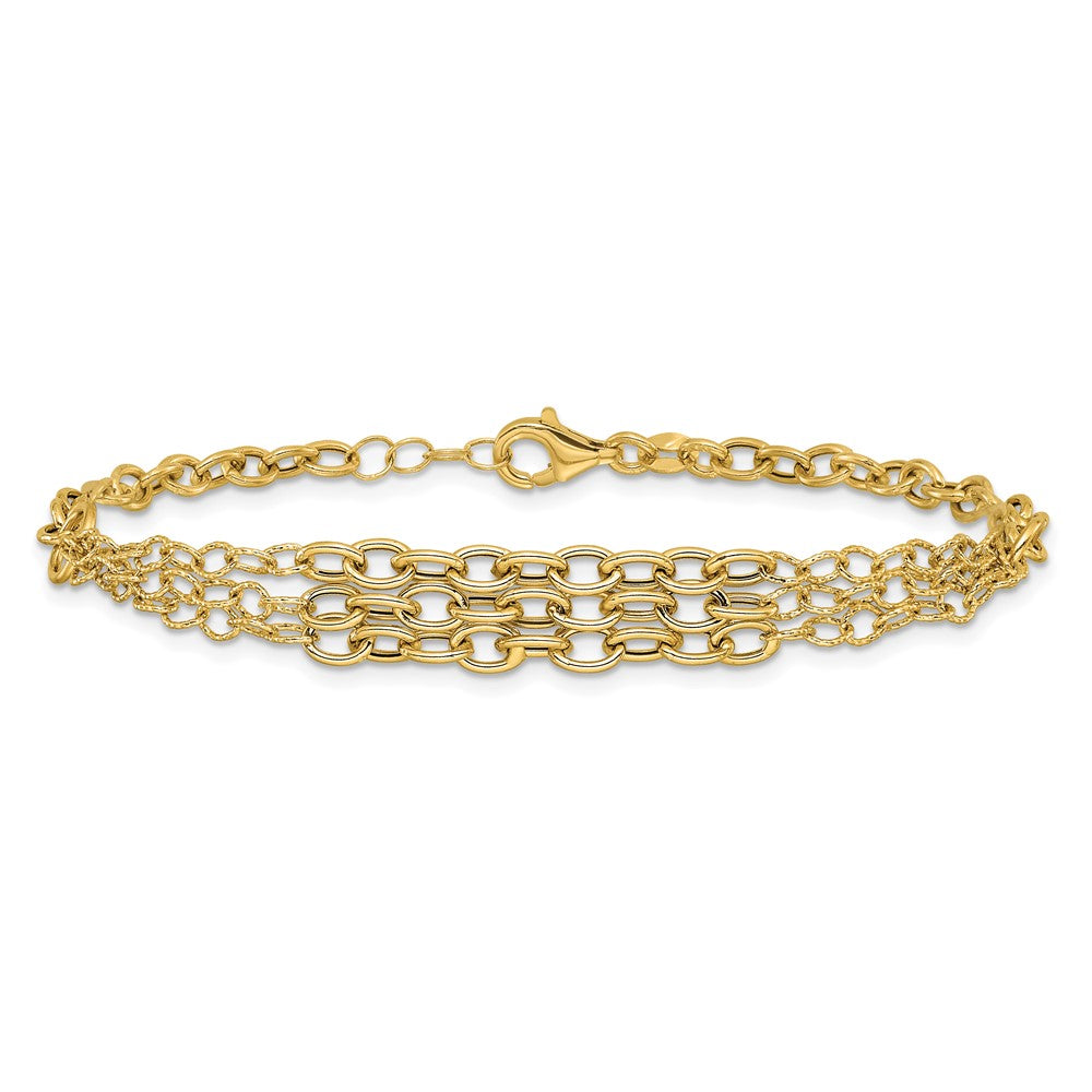 14K Yellow Gold Polished and Textured Fancy Cable with 3-Strand Center 7.5 Inch Bracelet Plus 0.5 Inch Extender