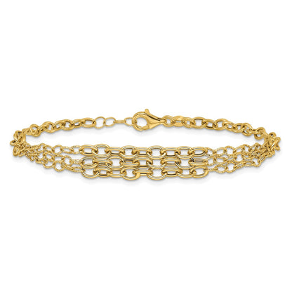 14K Yellow Gold Polished and Textured Fancy Cable with 3-Strand Center 7.5 Inch Bracelet Plus 0.5 Inch Extender
