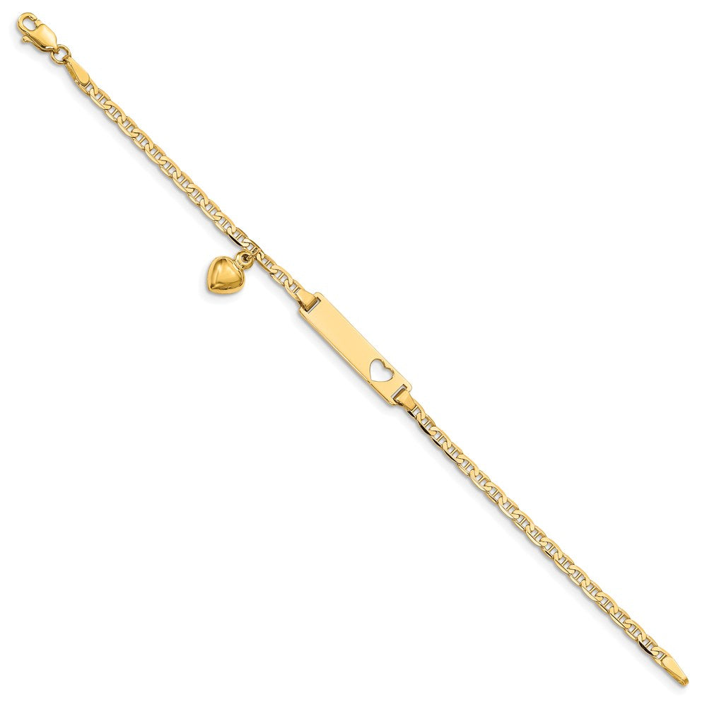 14K Yellow Gold Polished Solid Chain/Solid Plate Cut-out Heart with Heart Dangle Anchor Link 22x5mm Plate 5.5 Inch Baby/Child ID Bracelet
