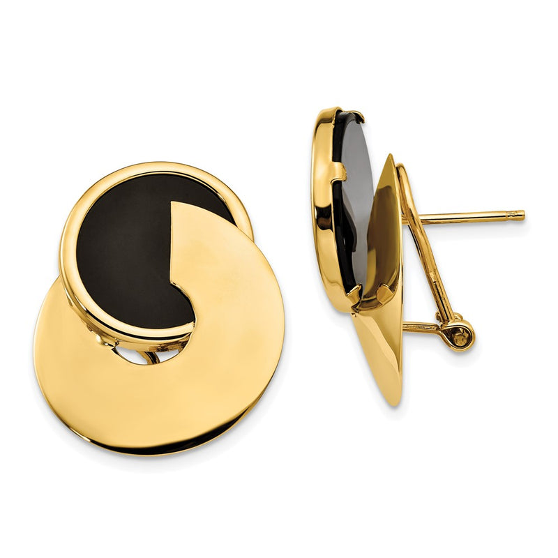 14K Yellow Gold Black Onyx Fancy Contemporary Omega Back Earrings