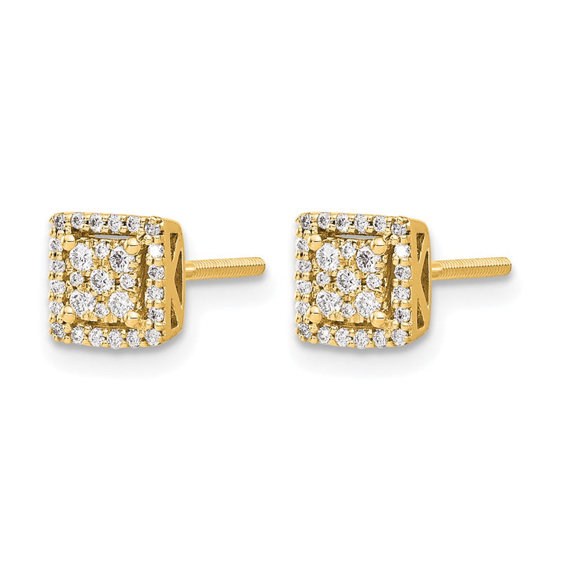 14K Yellow Gold 1/4 carat Diamond Cluster Square Screwback Post Earrings