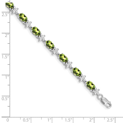 14K White Gold Complete Diamond and Oval Peridot Floral 7 Inch Bracelet