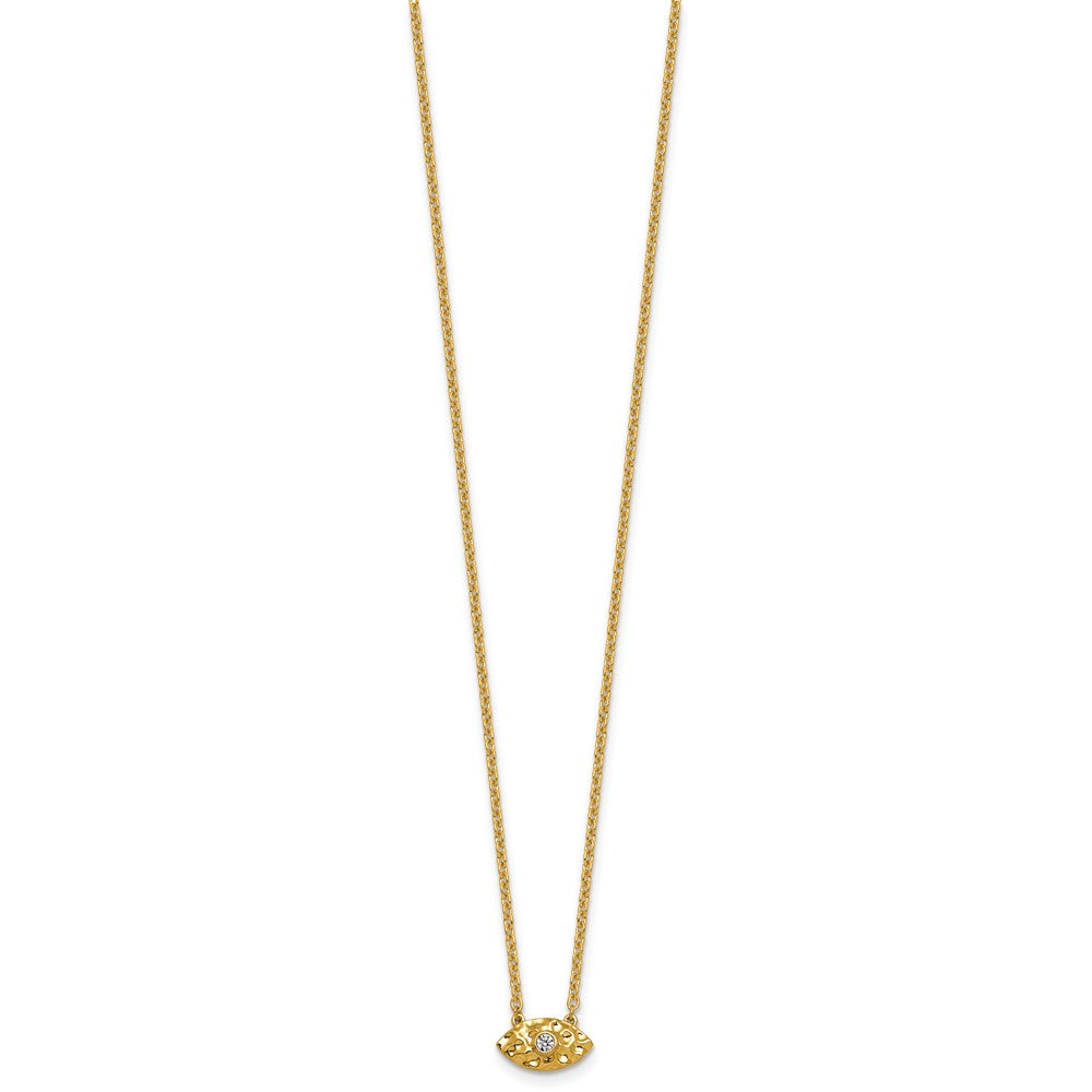 14K Yellow Gold Polished and Hammered 1/20 carat Diamond Evil Eye 18 Inch Necklace