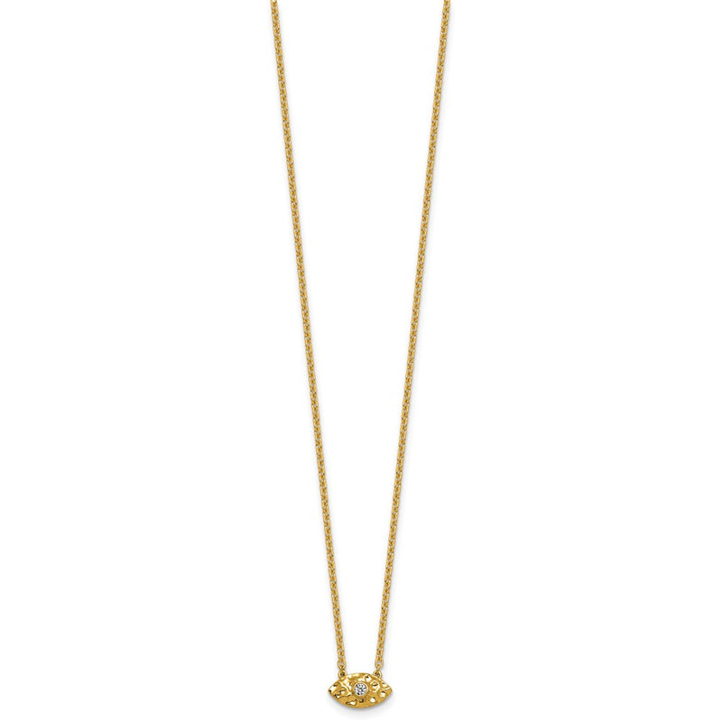 14K Yellow Gold Polished and Hammered 1/20 carat Diamond Evil Eye 18 Inch Necklace