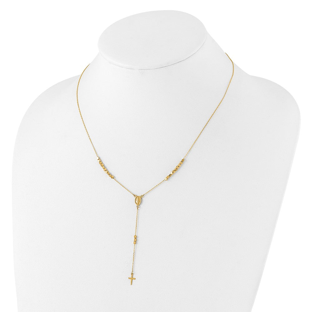 14K Yellow Gold Polished Miraculous Medal and Cross Rosary Design 17.75 Inch Y-Drop Necklace