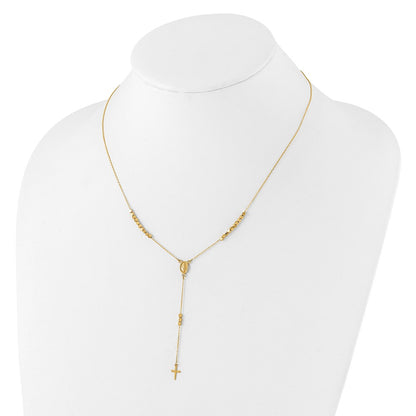 14K Yellow Gold Polished Miraculous Medal and Cross Rosary Design 17.75 Inch Y-Drop Necklace