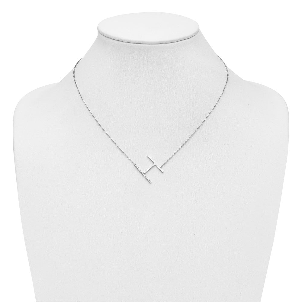 14K White Gold Sideways Diamond Initial H 18 Inch Necklace