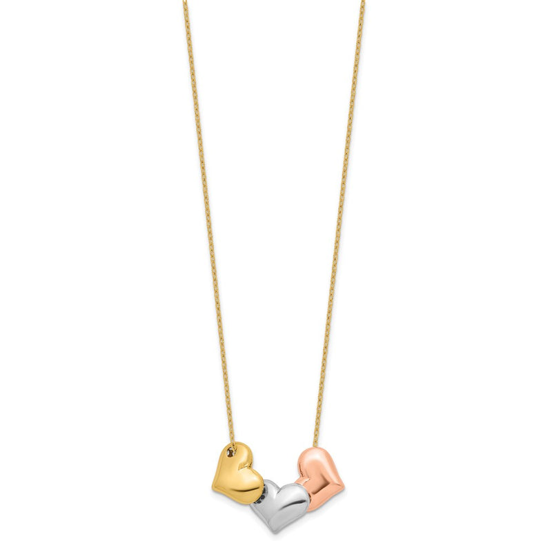 14K Tri-Color Gold Tri-color Polished Three Hearts 17 Inch Necklace Plus 1 Inch Extender