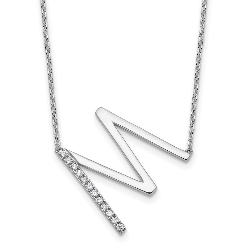 14K White Gold Sideways Diamond Initial M 18 Inch Necklace