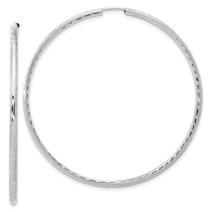 14K White Gold 2.00x55mm Polished and Satin Diamond-cut Endless Tube Hoop Earrings