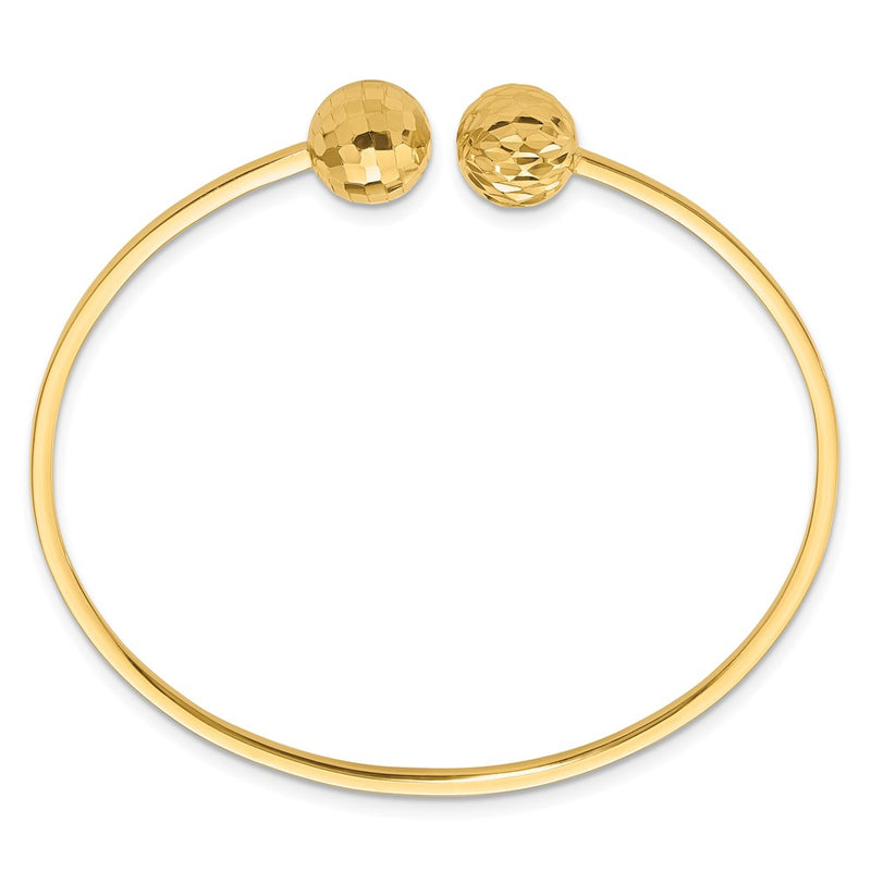 14K Yellow Gold Polished and Diamond-cut 10mm Ball 2.00mm Flexible Oval Cuff Bangle Bracelet