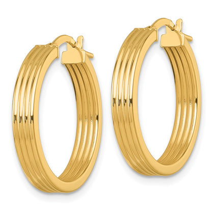 14K Yellow Gold Polished and Grooved 4.00 x 24mm Tube Hoop Earrings
