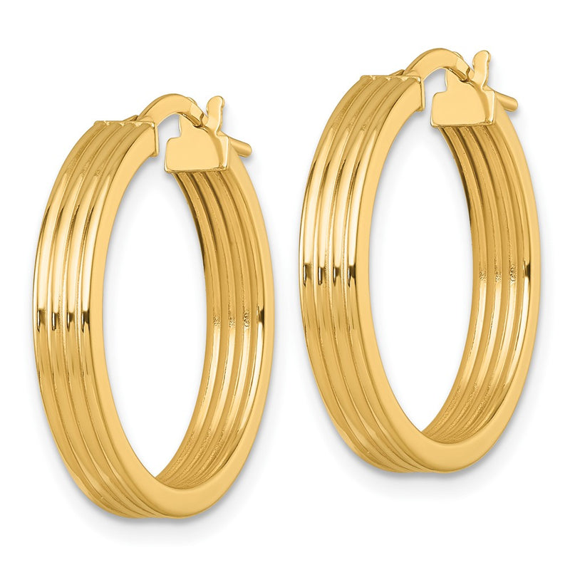 14K Yellow Gold Polished and Grooved 4.00 x 24mm Tube Hoop Earrings