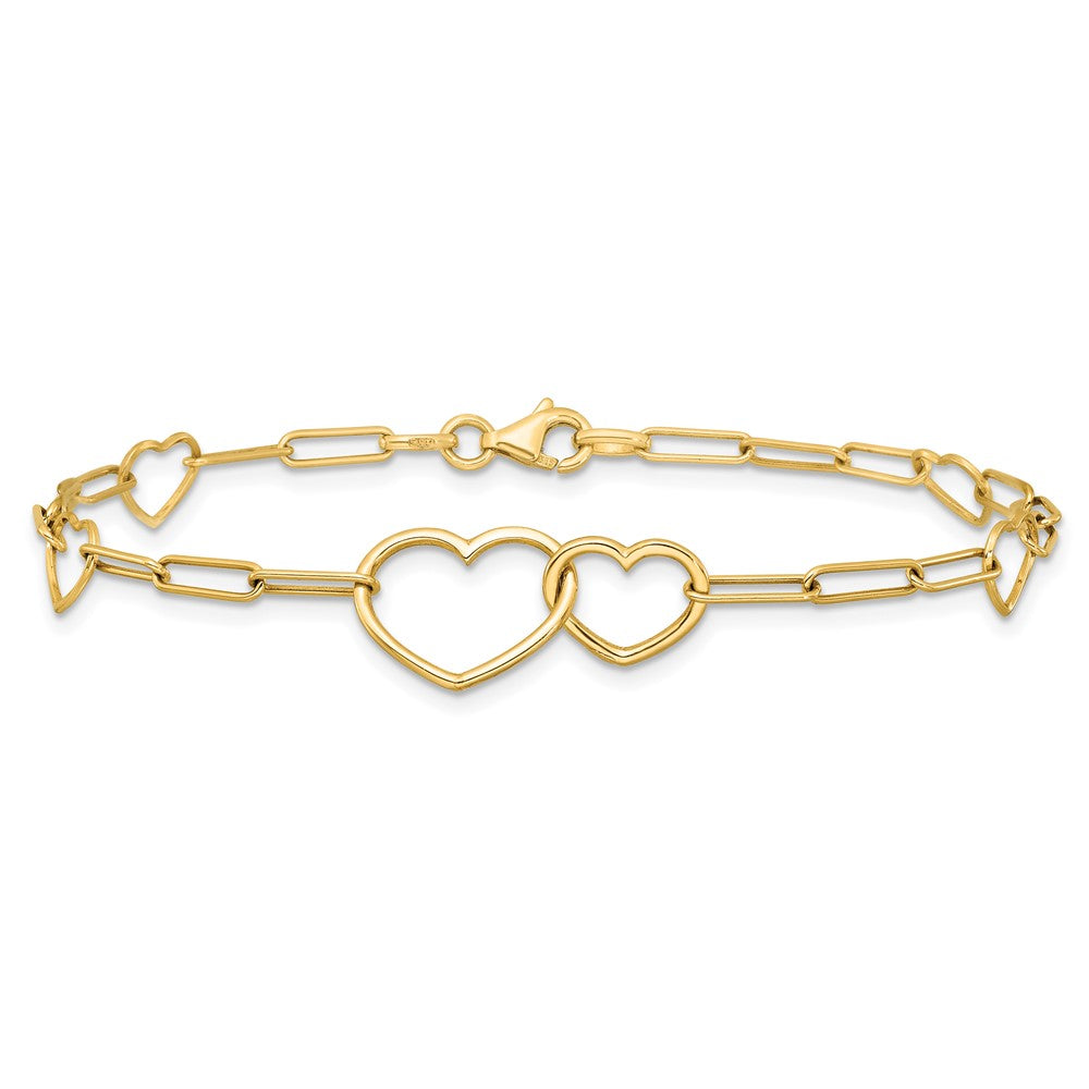 14K Yellow Gold Polished Double Hearts and Paper Clip Links 7.5 Inch Bracelet