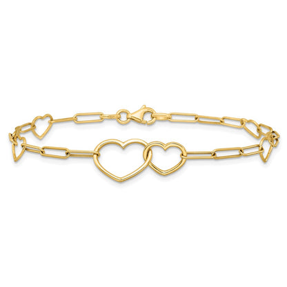 14K Yellow Gold Polished Double Hearts and Paper Clip Links 7.5 Inch Bracelet