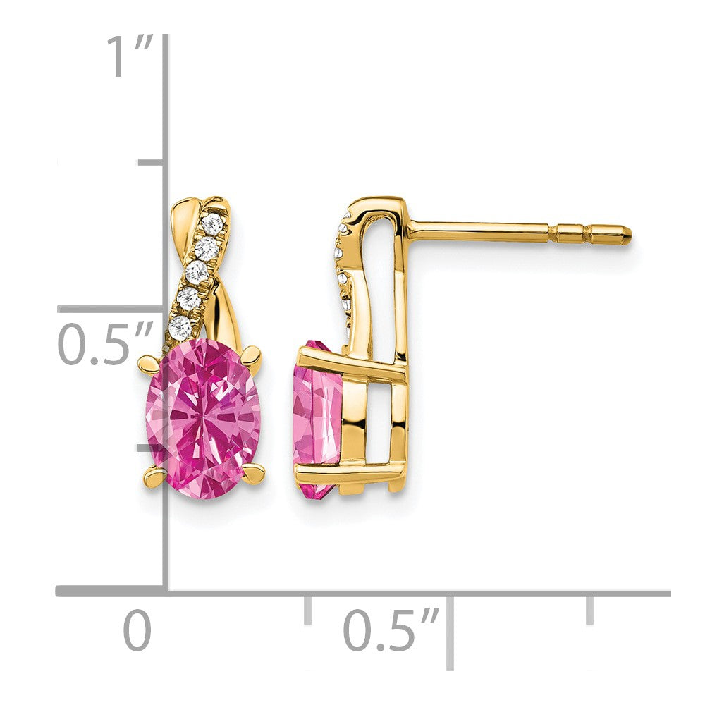 14K Yellow Gold 7x5 Oval October/Lab Created Pink Sapphire and Diamond Post Earrings