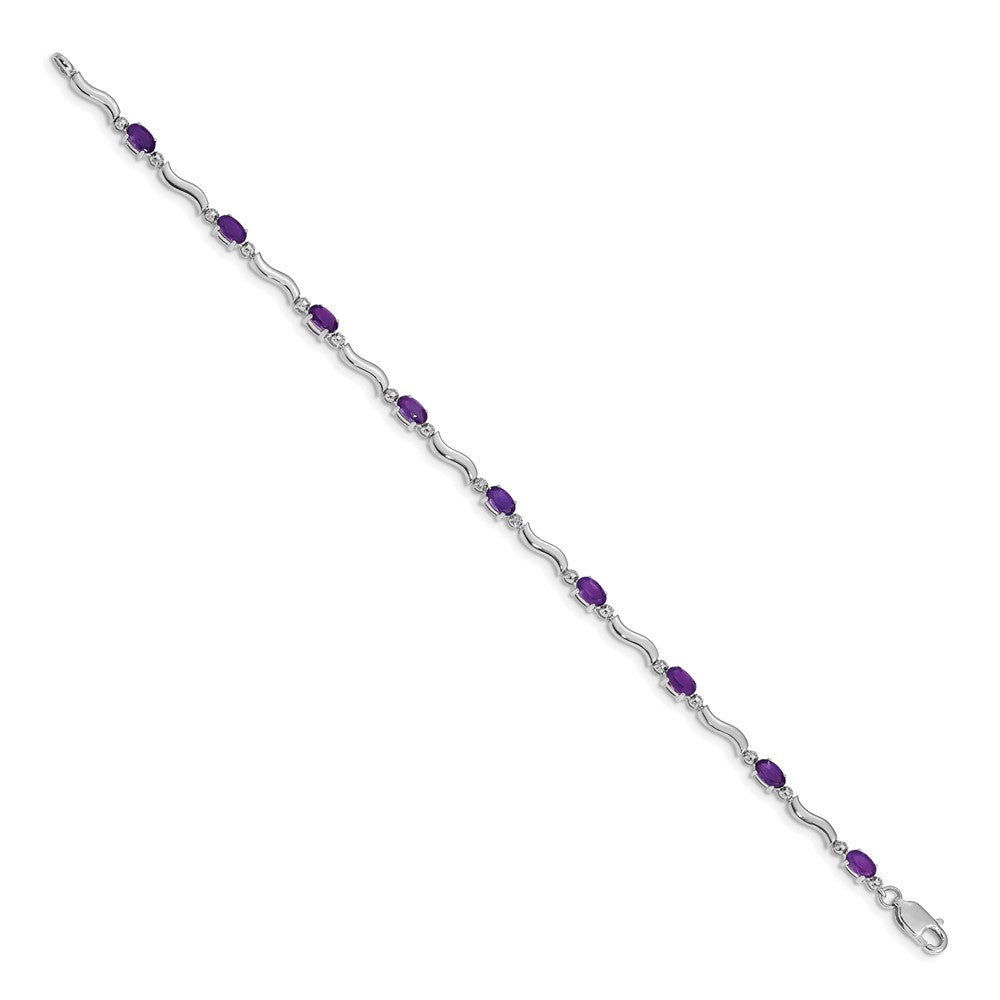 14K White Gold Complete Diamond and Oval Amethyst Wavy Link 7 Inch Bracelet