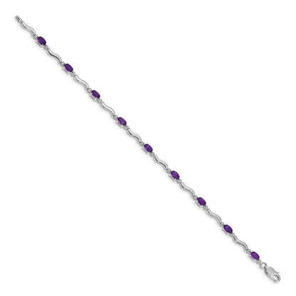 14K White Gold Complete Diamond and Oval Amethyst Wavy Link 7 Inch Bracelet