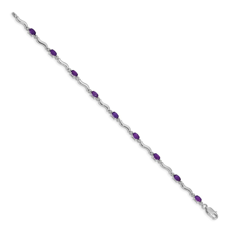 14K White Gold Complete Diamond and Oval Amethyst Wavy Link 7 Inch Bracelet