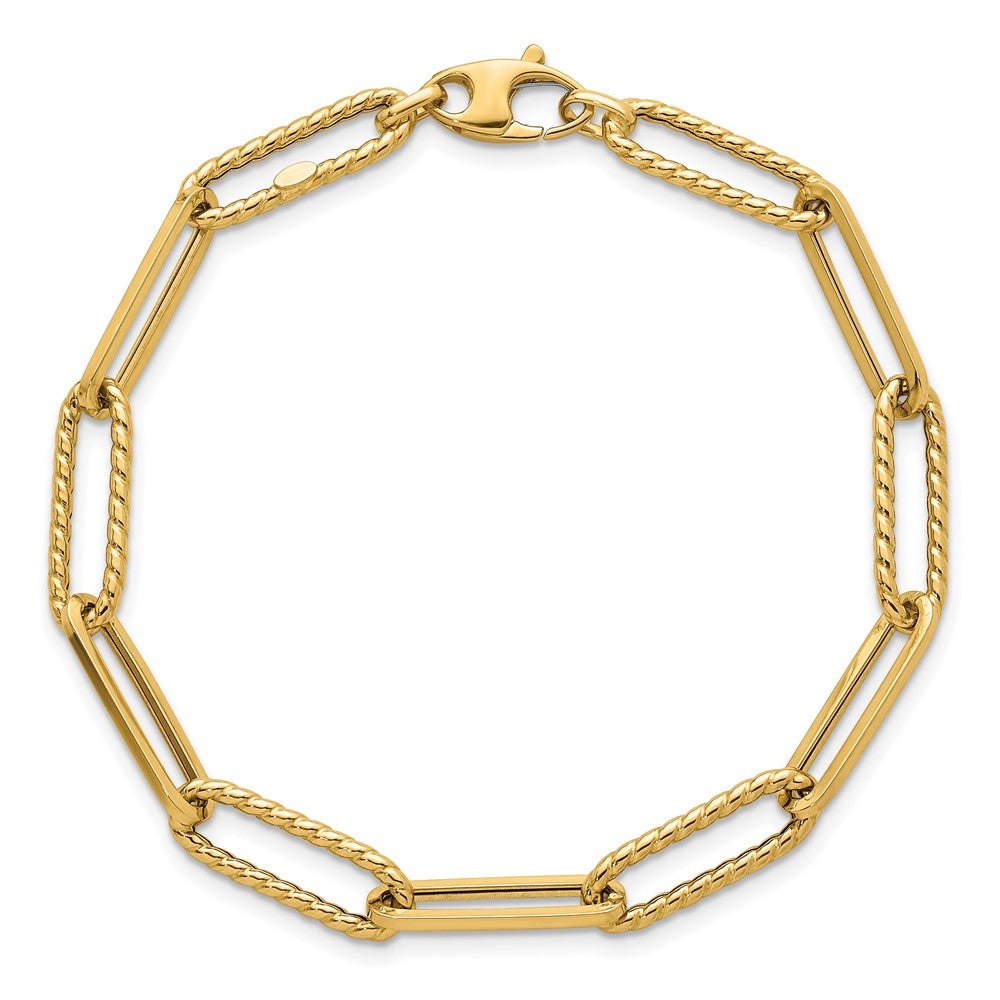 14K Yellow Gold Polished and Twisted 6.4mm Paperclip Link Chain Bracelet