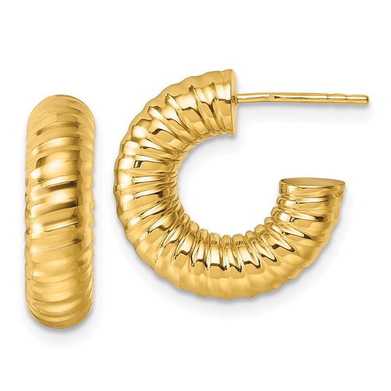14K Yellow Gold Polished 5.00mm Textured Tube C-Hoop Post Earrings