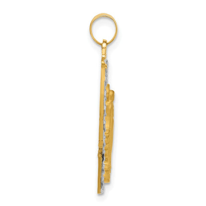 14K Yellow Gold and Rhodium Polished and Satin Solid Miraculous Medal Oval Pendant