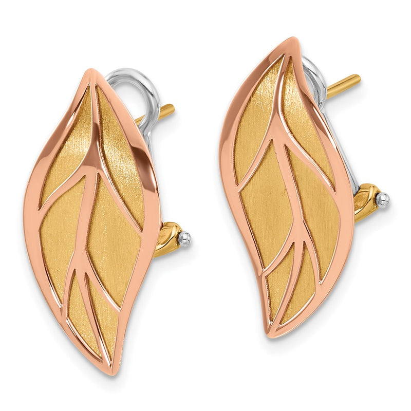 14K Two-Tone Gold Two-tone and Polished and Brushed Leaf Omega Back Post Earrings