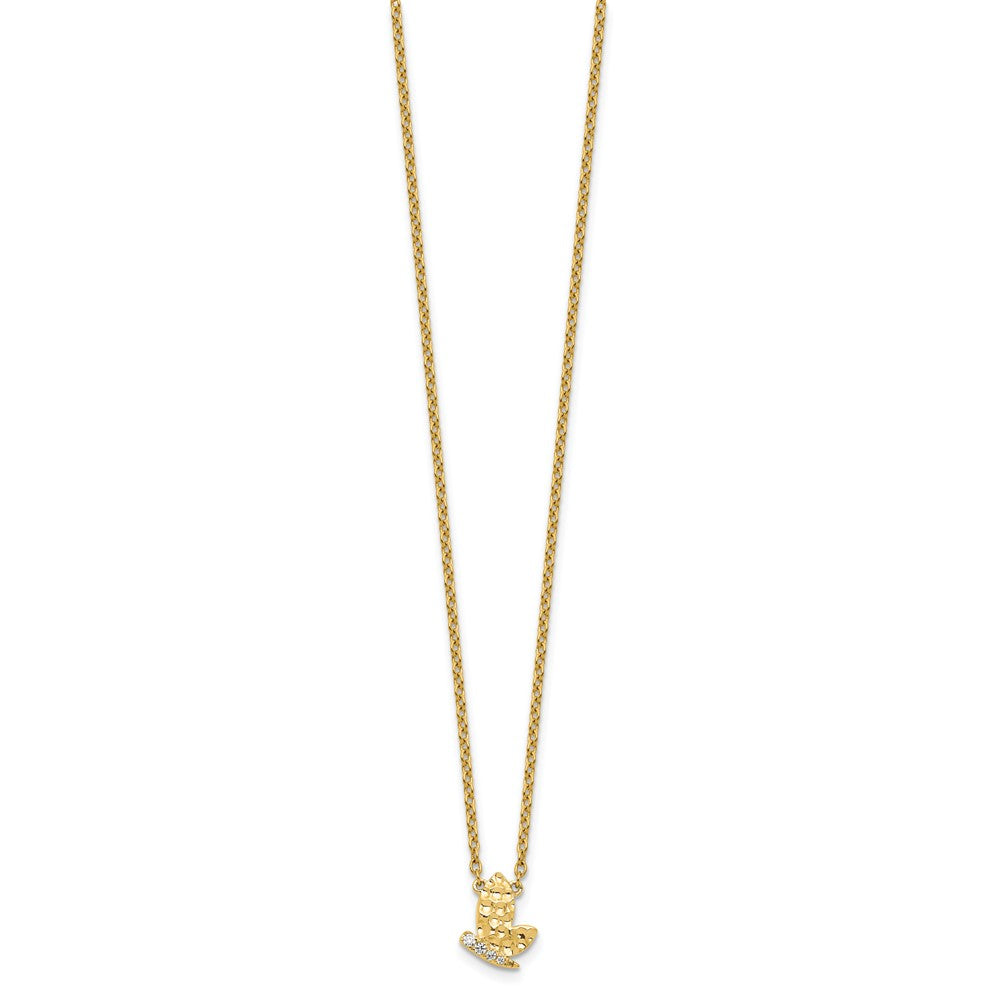 14K Yellow Gold Polished and Hammered 1/20 carat Diamond Butterfly 18 Inch Necklace