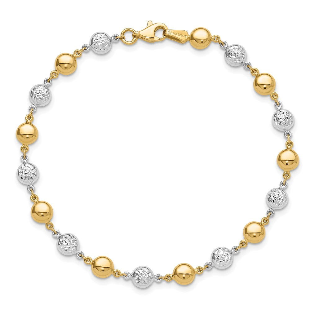 14K Two-Tone Gold Two-tone Polished and Diamond-cut Puffed Beads 7.75 Inch Bracelet