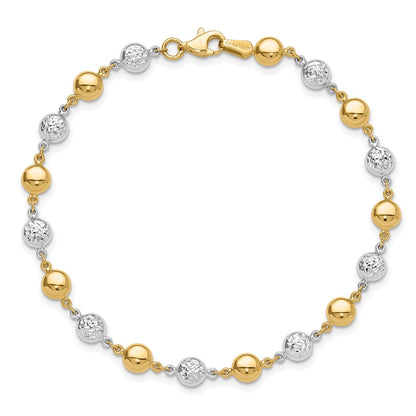 14K Two-Tone Gold Two-tone Polished and Diamond-cut Puffed Beads 7.75 Inch Bracelet