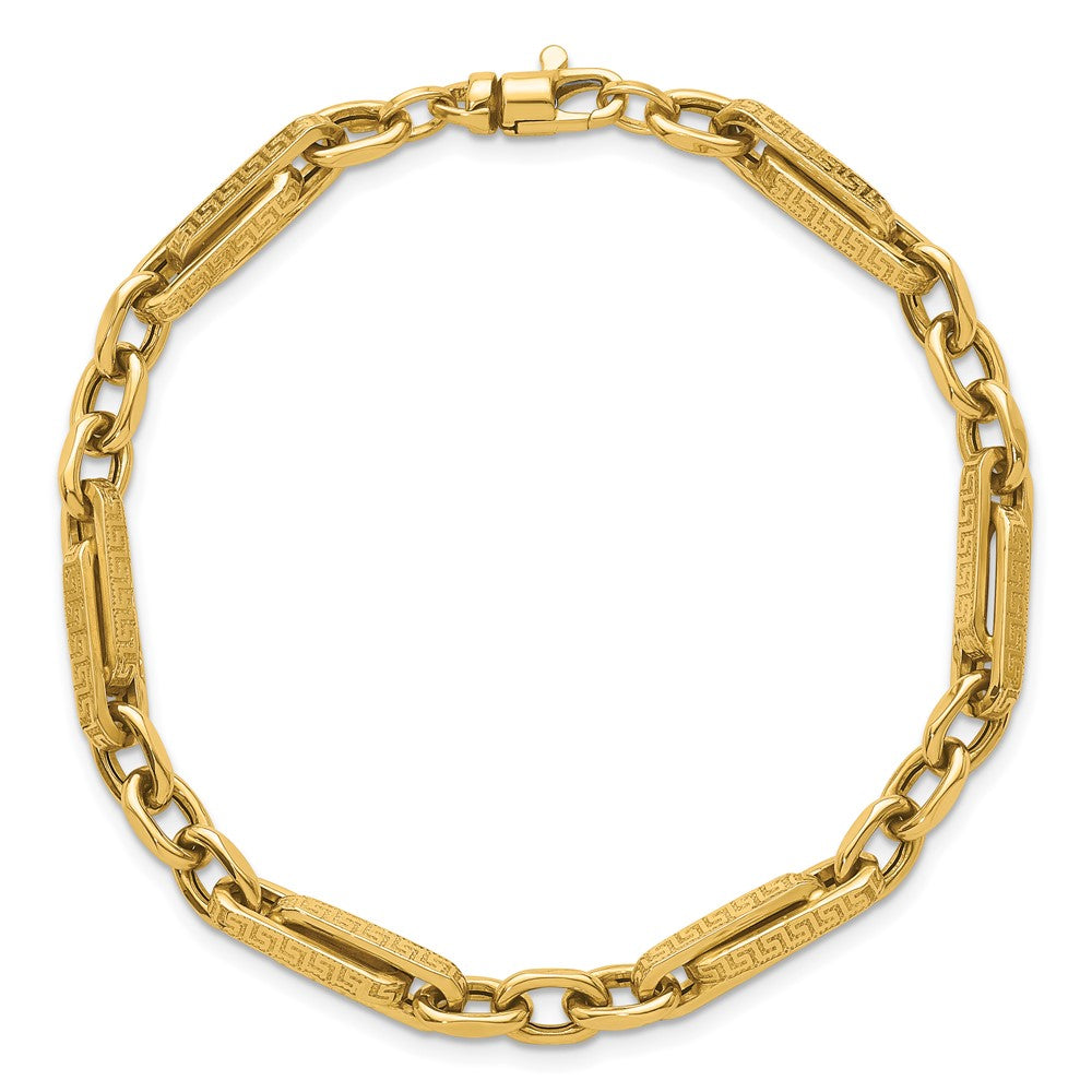 14K Yellow Gold Polished and Textured 4.8mm Greek Key Design Links 7.75 Inch Bracelet