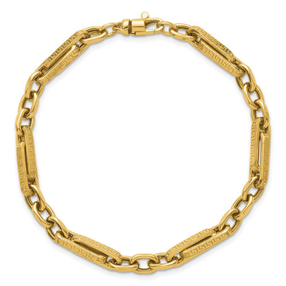 14K Yellow Gold Polished and Textured 4.8mm Greek Key Design Links 7.75 Inch Bracelet