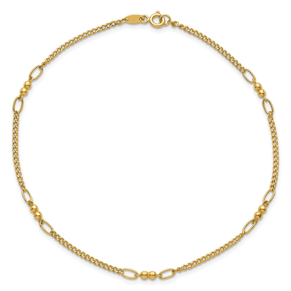 14K Yellow Gold Polished and Diamond-cut 5-Station Beaded Mixed Link Chain Anklet