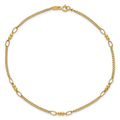 14K Yellow Gold Polished and Diamond-cut 5-Station Beaded Mixed Link Chain Anklet