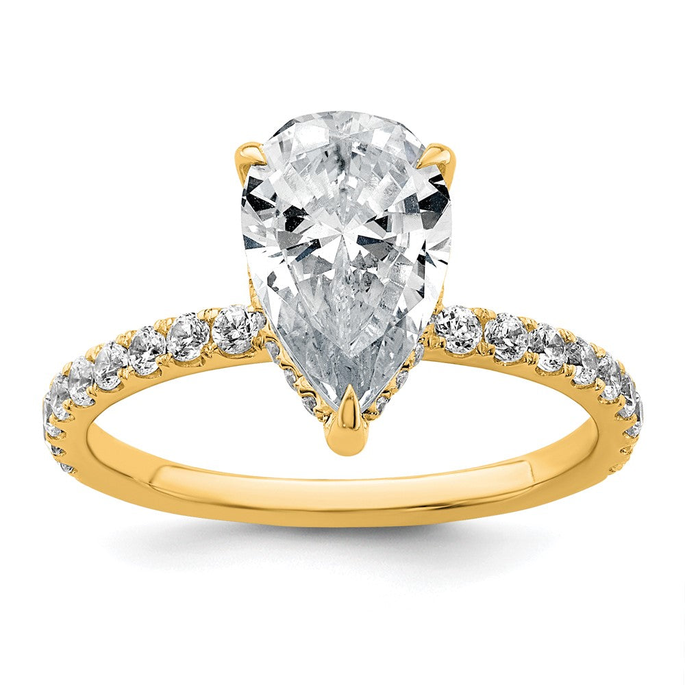 14K Yellow Gold 2 5/8 carat Certified Lab Grown Diamond VS+ F+ Pear Complete Solitaire with Flair Engagement Ring