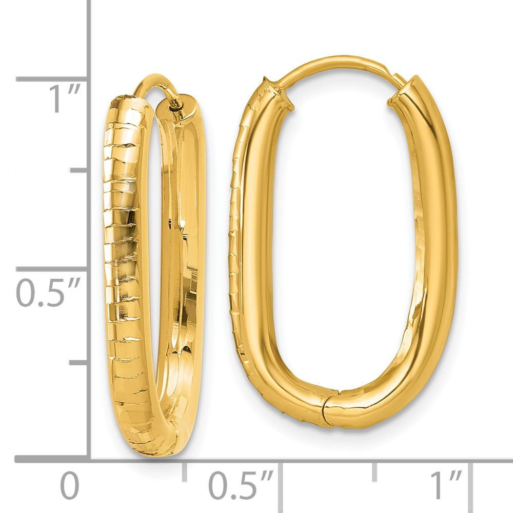 14K Yellow Gold Polished 3.25mm Textured Oval Hinged Hoop Earrings