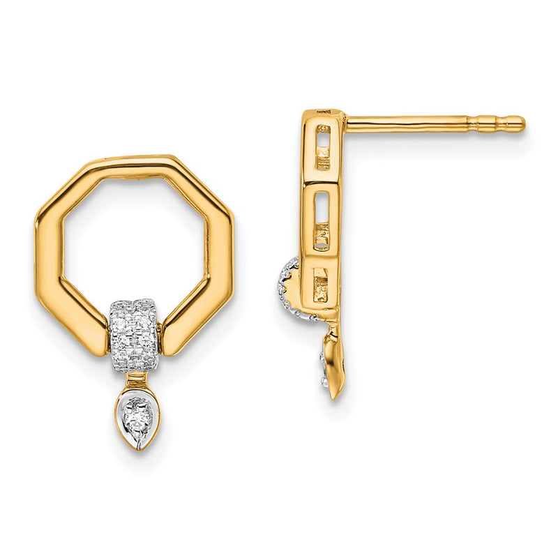 14K Yellow Gold Polished 1/10 carat Diamond Octagon Drop Post Earrings
