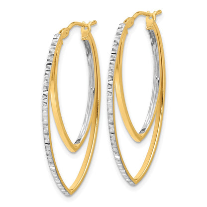14K Yellow Gold Polished and Rhodium Diamond-cut V Shape Hoop Earrings