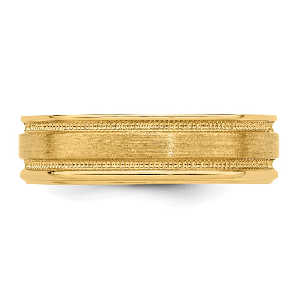 14K Yellow Gold 6mm Standard Weight Comfort Fit Brushed Satin/Polished Milgrain Grooved Edge Wedding Band Ring