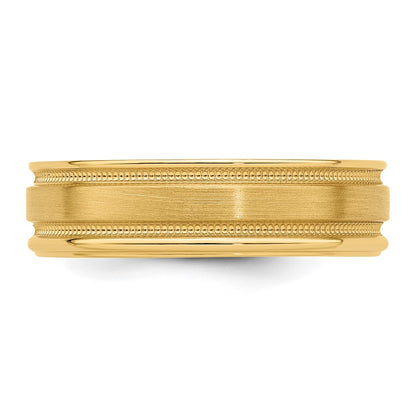 14K Yellow Gold 6mm Standard Weight Comfort Fit Brushed Satin/Polished Milgrain Grooved Edge Wedding Band Ring