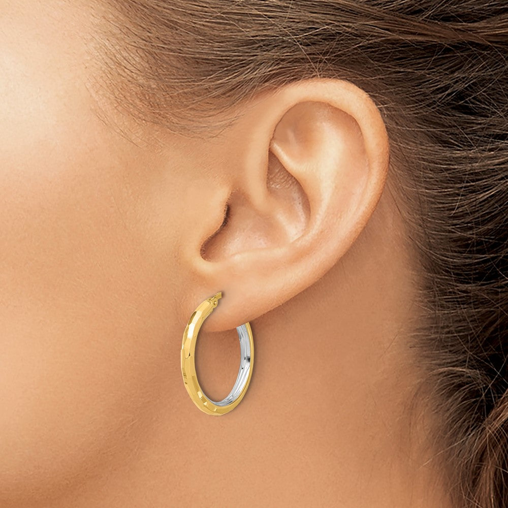 14K Yellow Gold with Rhodium Polished and Diamond-cut Hoop Earrings