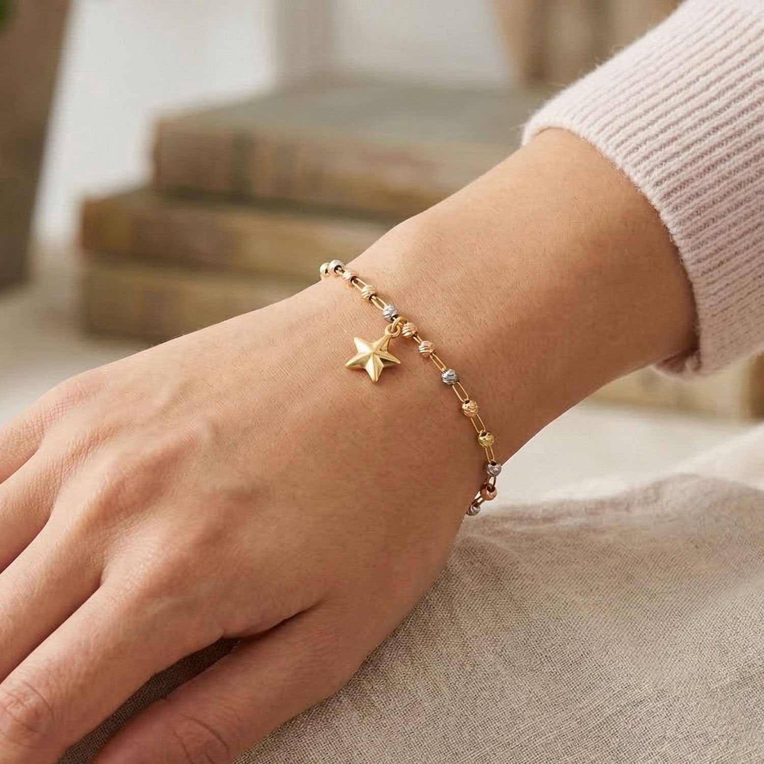 14K Yellow Gold Star Gold Bead Bracelet
