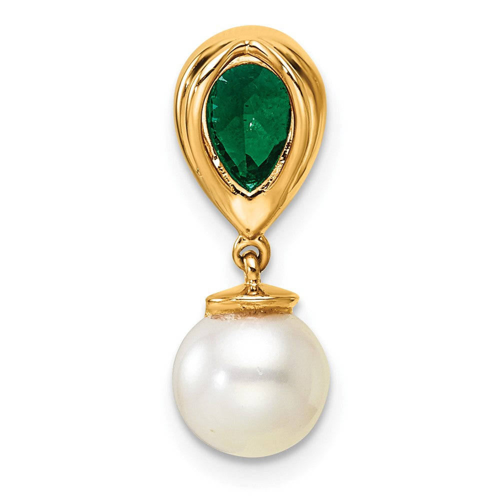 14K Yellow Gold 6-7mm Round Freshwater Cultured Pearl/Pear Emerald/Diamond Teardrop Chain Slide