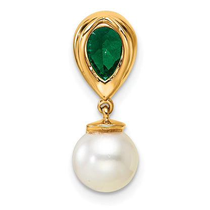 14K Yellow Gold 6-7mm Round Freshwater Cultured Pearl/Pear Emerald/Diamond Teardrop Chain Slide
