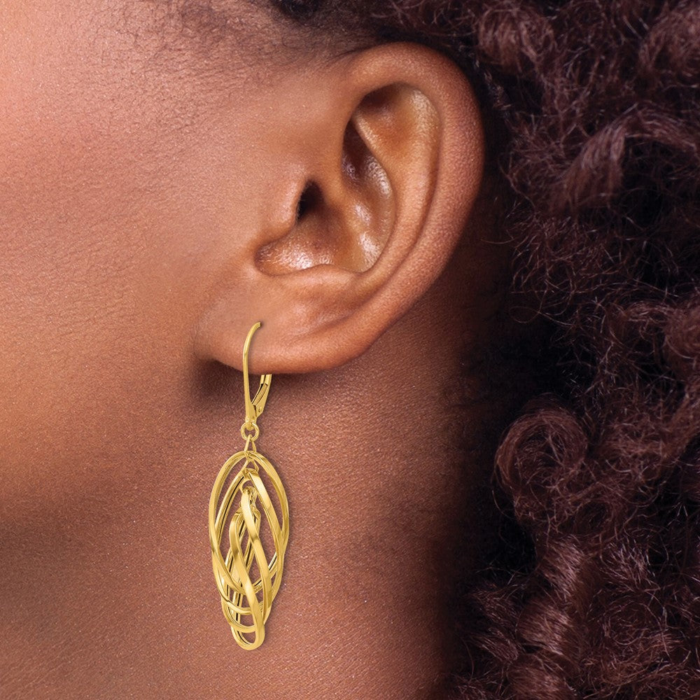 14K Yellow Gold Polished Oval Twisted Dangle Leverback Earrings