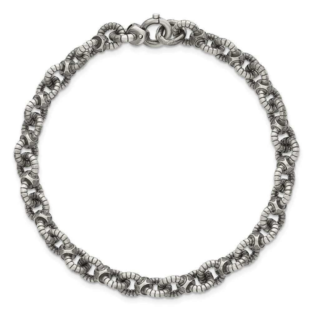 Sterling Silver Black Ruthenium-plated Brushed Fancy Textured Cable Link Mens Chain Bracelet