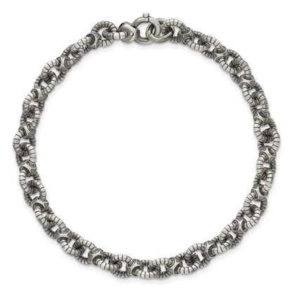 Sterling Silver Black Ruthenium-plated Brushed Fancy Textured Cable Link Mens Chain Bracelet