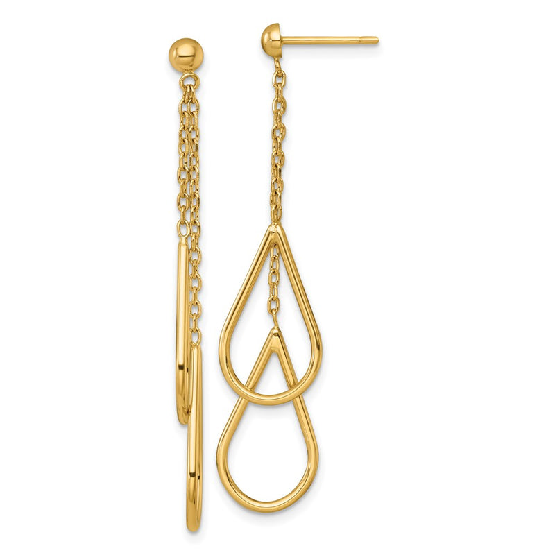 14K Yellow Gold Polished Two Teardrops and Chain Dangle Post Earrings